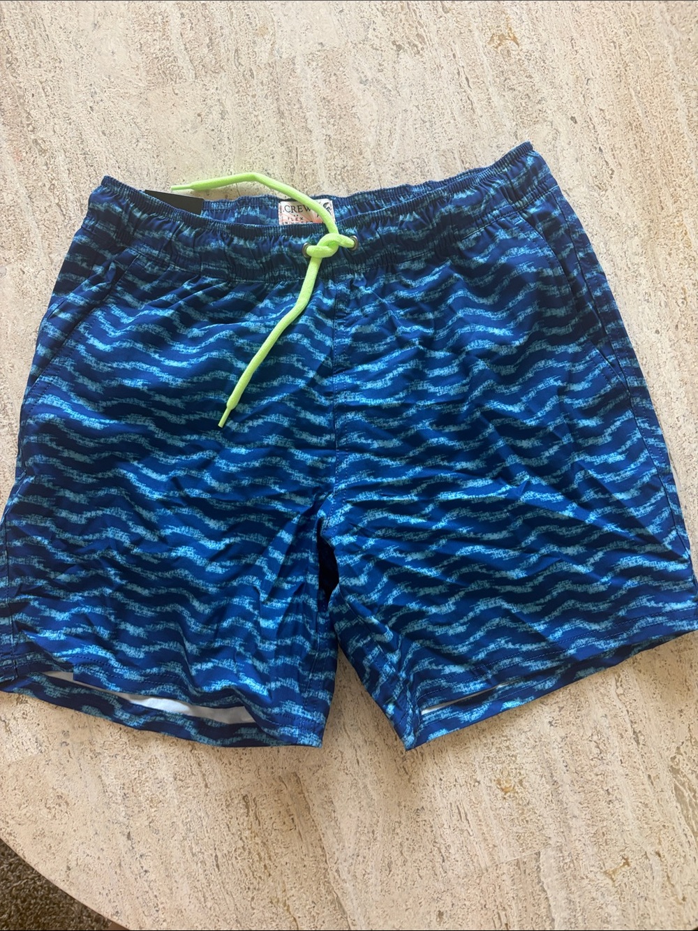 J. Crew Men's Blue Wave-Print Swim Trunks with Neon Lime Drawstring